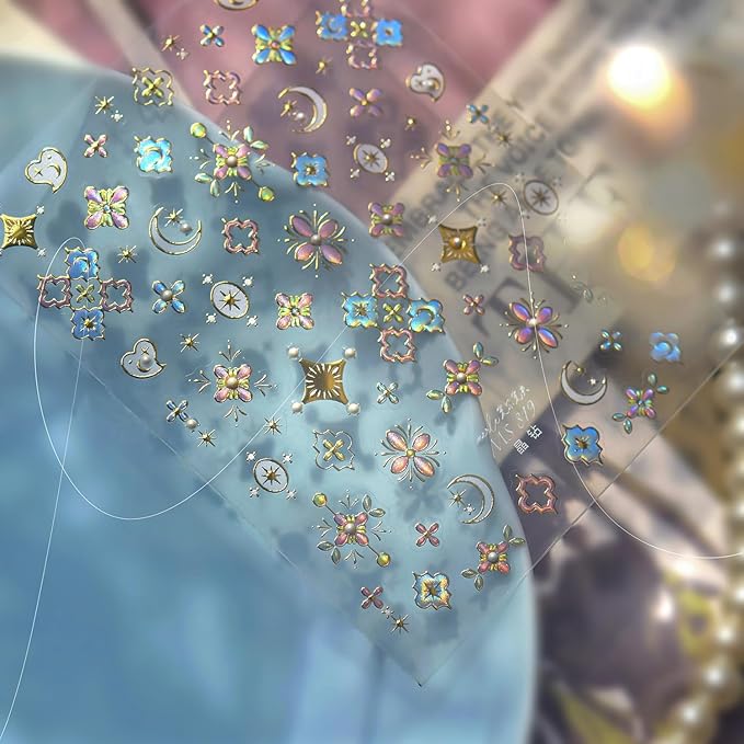 1 Sheets Bohemian Nail Art Stickers Decals 5D Embossed Holographic Glitter Moon Heart Nail Decals with Pearl Bohemian Design Flower Nail Stickers Moon Star Stickers for Nails Supplies Decoration