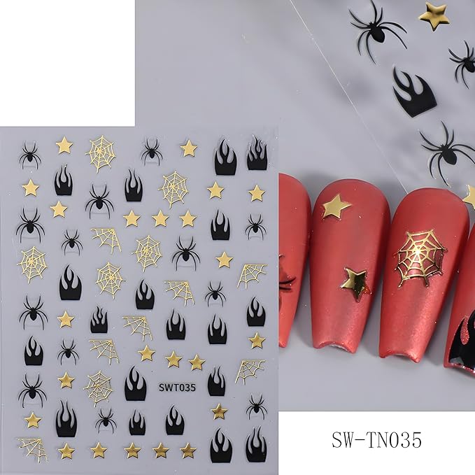 Halloween Nail Art Stickers, Glitter Spider Web Nail Art Decals 3D Self-Adhesive Black Gold Silver Heart Star Moon Nail Design 5Pcs Halloween Nail Art Supplies for Women Nail Decoration