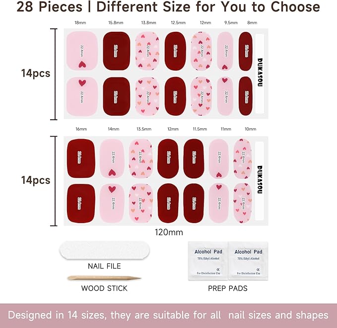 Semi Cured Gel Nail Strips, 28 pcs UV Gel Nail Stickers for Women Wedding Party, Work with Any UV Lamp, Long Lasting Nail Wraps for Home DIY Nails Art (Lover's Love)