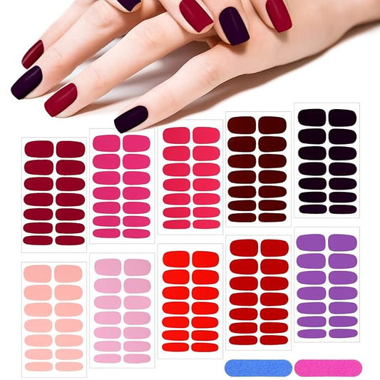 140 Pcs 10 Sheets Solid Color Full Wrap Nail Stickers Polish Strips Gradient Stickers Glitter Self Adhesive DIY Art Decals Strips with 2 Pcs Nail Files for Holiday Decor (Matte Style)