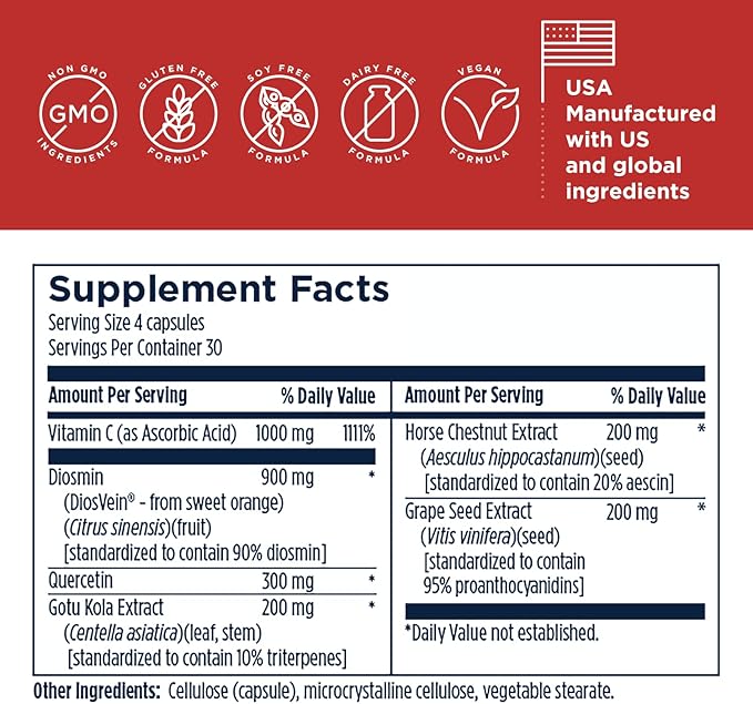 Designs for Health Vessel Forte - Healthy Blood Vessel Support Supplement with Diosmin, Quercetin, Gotu Kola Extract, Horse Chestnut + Grape Seed - Non-GMO (120 Capsules)