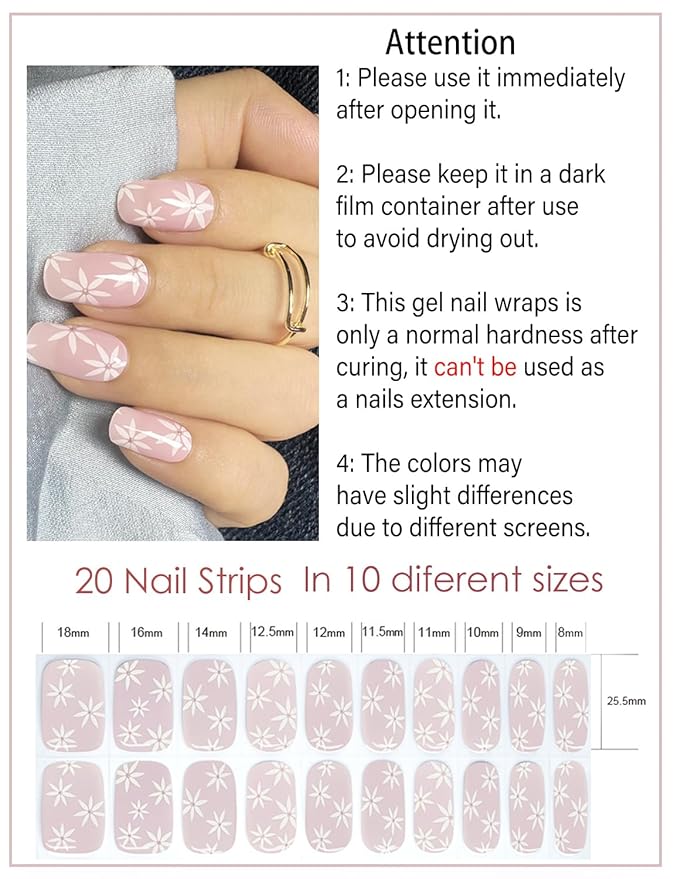 Semi Cured Gel Nail Strips, Pink Summer Flower 20pcs Semi Cured Gel Nails Sticker, Gel Nail Wraps UV for Home Nails DIY