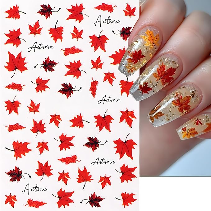 Fall Maple Leaves Nail Stickers for Thanksgiving, Fall Nail Art Decals 3D Self-Adhesive Cute Fox Pumpkin Bow Nails Stickers Nail Design 6Pcs Nail Art Supplies for Women Nail Decoration