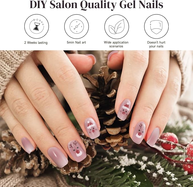 Semi Cured Gel Nail Strips, 28 pcs Christmas Elk Gel Nail Stickers Full Nails Wraps for Women, Long Lasting UV Nail Strips for Home DIY Nails Art UV Light Require