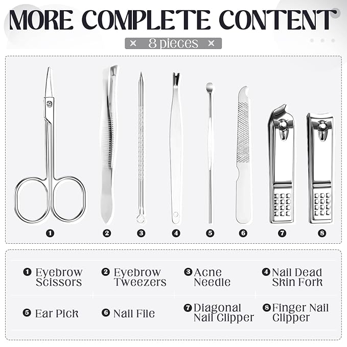Geosar 12 Set 8 in 1 Manicure Set Stainless Steel Nail Clippers Kit Pedicure Care Tools with Leather Case Travel Grooming Kit Gift for Women Men(Glitter Dark Red)
