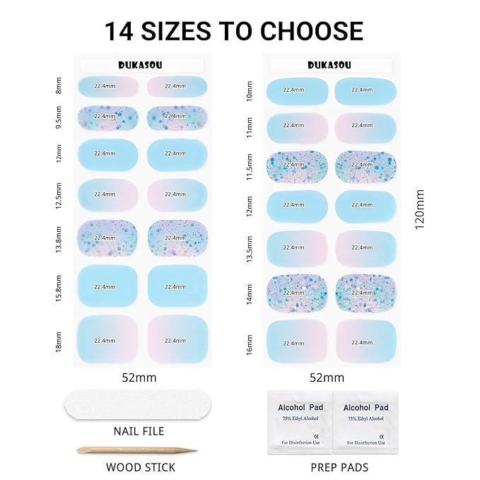 Semi Cured Gel Nail Strips, Summer Blue | 28 pcs Gel Nail Strips Work with Any UV Lamp, Salon Quality UV Nails Stickers, Easy to Apply for Home Nails DIY