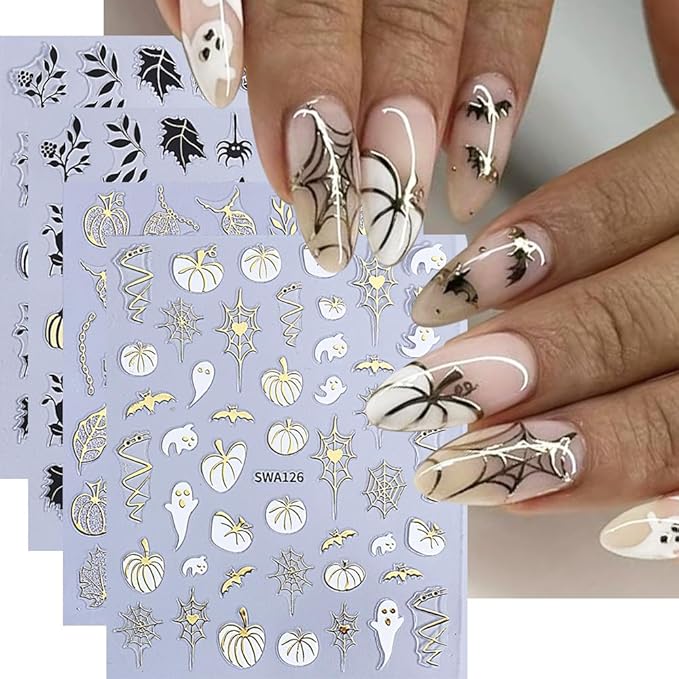 9 Sheets Halloween Nail Stickers for Nail Art, 3D Self-Adhesive Bat Spider Web Nail Decals, Ghost Pumkin Leaf Nail Supplies Nail Art Design Accessories for Women and Girls Manicure DIY Decoration