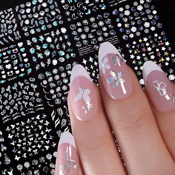 30 Sheets Aurora Flower Nail Art Stickers 3D Self Adhesive Flower Nail Stickers Aurora Moon Star Nail Decals Leaf Heart Nails Art Supplies Charms for Women Manicure Tips Decoration