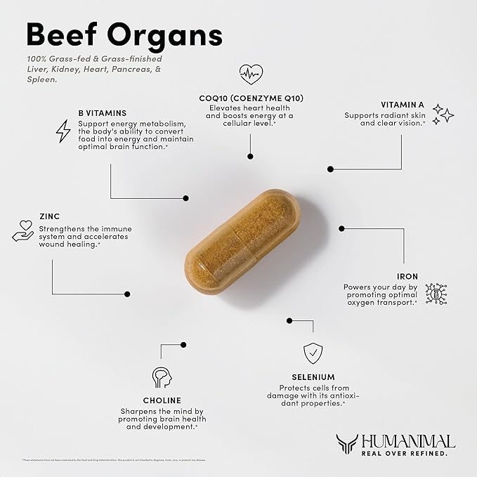 Humanimal Beef Organ Supplement | Beef Organ Capsules | 100% Grass-Fed & Finished, Freeze-Dried | Boosts Whole Body Health | A Blend of Liver, Heart, Kidney, Pancreas & Spleen | Non-GMO, 180 Capsules