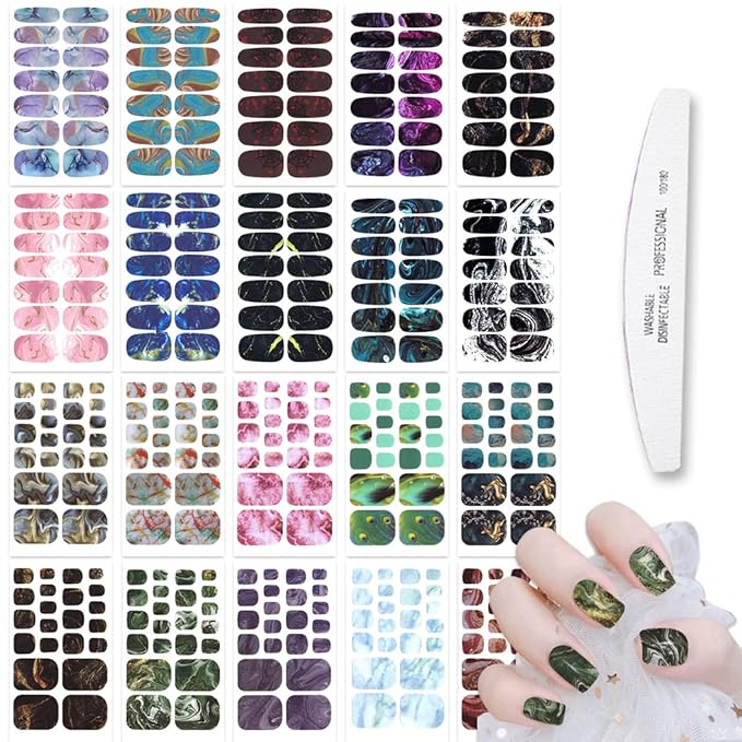WOKOTO 20 Sheets Marble Print Fingernail and Toenail Nail Polish Strips Full Wraps for Women Kit with Nail File Gradient Gel Nail Strips Stick On Nail Polish Stickers Set for Girls Women