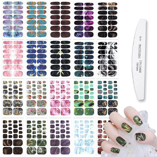 WOKOTO 20 Sheets Marble Print Fingernail and Toenail Nail Polish Strips Full Wraps for Women Kit with Nail File Gradient Gel Nail Strips Stick On Nail Polish Stickers Set for Girls Women