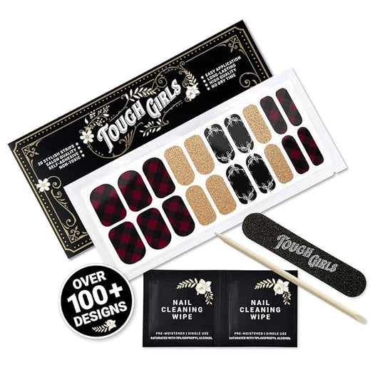 | 20 Exquisite Gel Nail Polish Strips w/Application Accessories - No UV/LED Lamp Required (Holiday | Bucks, Plaid, & Gold Glitter)