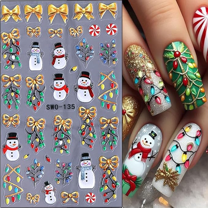 Christmas Nail Stickers 5D Embossed Christmas Tree Snowman Nail Art Stickers Snowflake Nail Decals Self-Adhesive Santa Claus Gingerbread Man Design Sticker Holiday Nail Art Decoration for Women 4Pcs