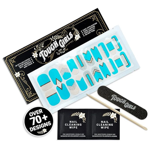 | 20 Exquisite Gel Nail Polish Strips w/Application Accessories - No UV/LED Lamp Required (Turquoise, Silver Glitter & Gold Lines)