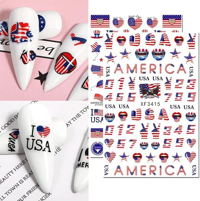 8Sheets 4th of July Nail Art Stickers Decals Red Blue White American Flag 3D Self-Adhesive Nail Decals Flame Butterfly Heart Designs Independence Day Nail Decorations DIY Nail Supplies for Women Kids