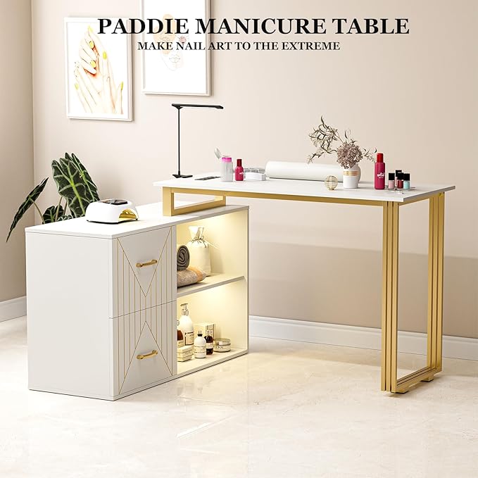 Paddie Manicure Table for Nail Tech with Wrist Cushion, Corner Nail Desk with 2 Drawers and 2 Shelves, Beauty Salon Nail Supplies Decor Station with 16 Colors LED Lights （White）