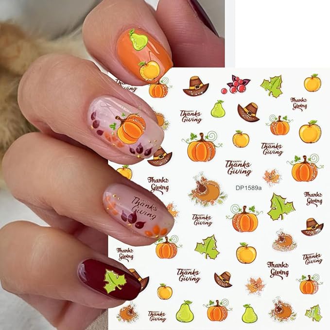 Autumn Nail Stickers Pumpkin Nail Art Stickers Fruit Nail Decals Fallen Leaves Maple Leaf Pear Grapes Hat Design Orange Thanksgiving Sticker for Nails DIY Manicure Decoration for Women 6 Sheet
