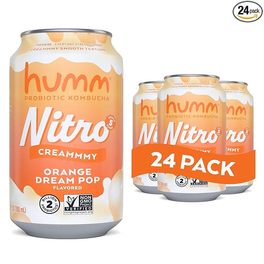 Humm Nitro Kombucha Orange Dream Pop, Creamy Smooth Probiotic Drink with L-Theanine, Non-GMO, Vegan, Gluten Free, 12 fl oz (Pack of 24)