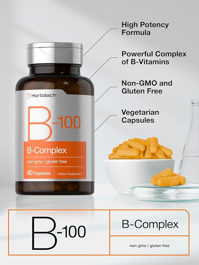 Horbäach B-100 Complex Vitamin | 60 Capsules | Non-GMO and Gluten Free Supplement