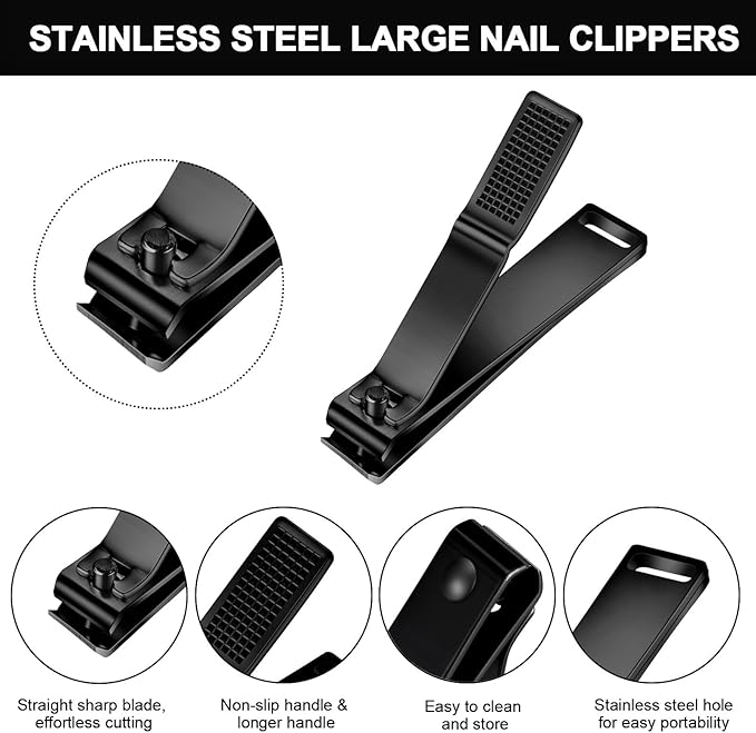 Mudder 6 Pieces Large Toenails Clippers Straight Edge Toenails Clippers Stainless Steel Nails Cutters for Men Women Thick Nails (Black)