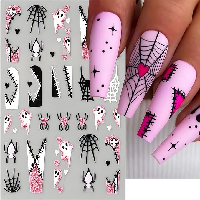 Halloween Nail Art Stickers, Cute Ghost Nail Art Decals 3D Self-Adhesive Spider Bat Pumpkin Cat Skull Spider Web Nail Design 6PCS Halloween Nail Art Supplies for Women Nail Decoration
