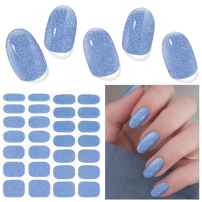 Semi Cured Gel Nail Strips (Glitter Mermaid Blue), 28 pcs UV Gel Nail Stickers for Women Work with Any UV Lamps, Salon Quality Nails Wraps for Home DIY Nails Art