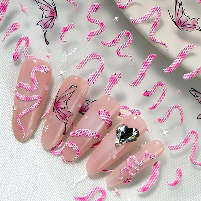 Pink Snake Nail Stickers Butterfly Nail Art Stickers 3D Self-Adhesive Snake Butterfly Star Design Nail Decals Halloween Acrylic DIY Nails Decoration Accessories for Women Holiday Nails