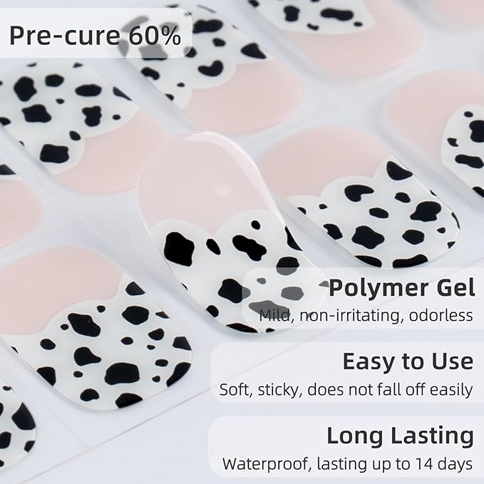 Semi Cured Gel Nail Strips, 28 pcs Gel Nails Stickers for Women Work with Any UV Lamp, Salon Quality Nail Wraps for Home DIY Nails Art (Pink Cow)