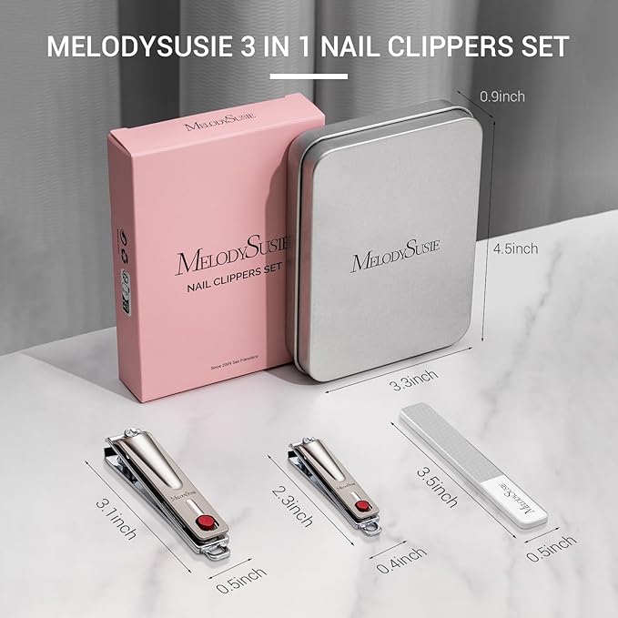 MelodySusie Nail Clippers Set, Ultra Sharp Toenail Clippers with Glass Nail File, 3 in 1 Stainless Steel Nail Clippers for Men Women, Fingernail Clipper Nail Cutter Manicure Set, Champagne