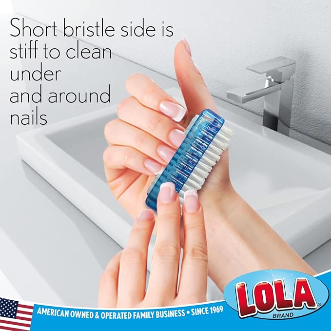 LOLA Classic Hand & Nail Brush, 2 Sided - 3 Pack, Soft & Stiff, Comfortable No-Slip Grip, Cleans Hands & Fingernails, Assorted Colors