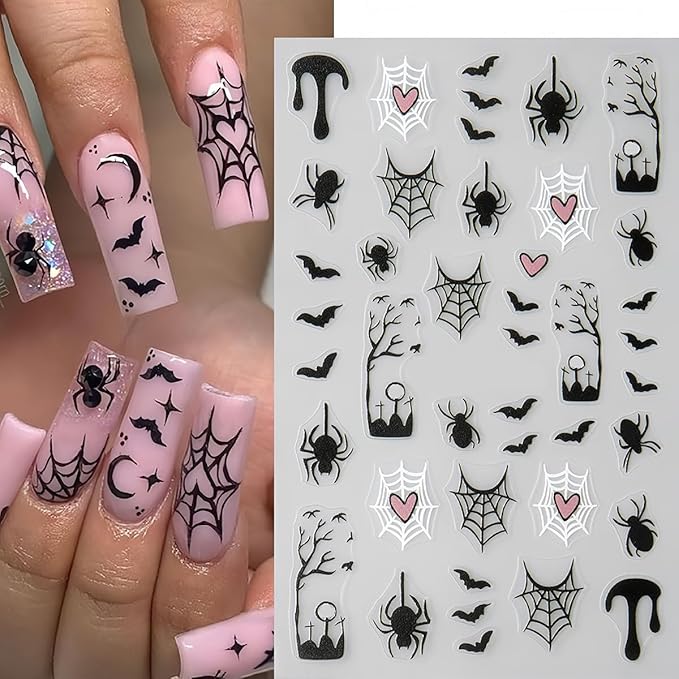 8 Sheet Halloween Nail Stickers Ghost Bat Spider Nail Decals 3D Self-Adhesive Spider Web Spooky Bat Spider Nail Art Stickers Design Gothic Nail Art Supplies for Holiday Acrylic DIY Nail Decoration