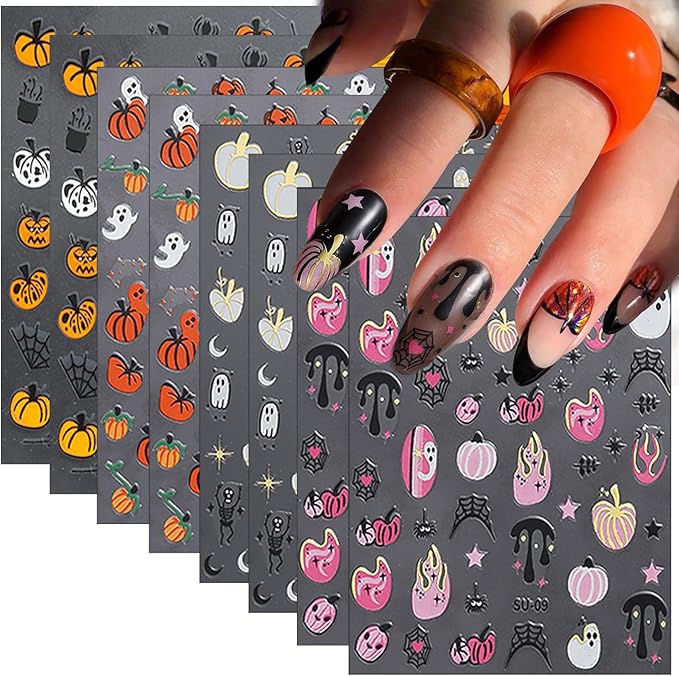 8 Sheets Halloween Nail Art Stickers Cute Ghost Spider 3D Self Adhesive Nail Stickers Gothic Pumpkin Nail Decals Gothic Skeleton Spooky Nail Design Stickers Halloween DIY Manicure Supplies