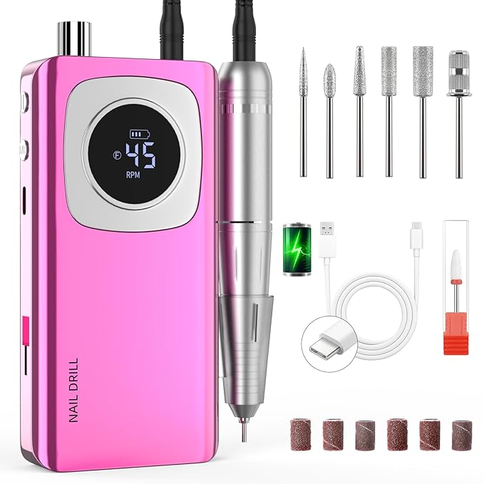 Electric Nail Drill Professional: Rechargeable Nail File with Bits for Acrylic Gel Nails, Professional Nail Drill Manicure Pedicure Polishing Shape Tools for Home Salon