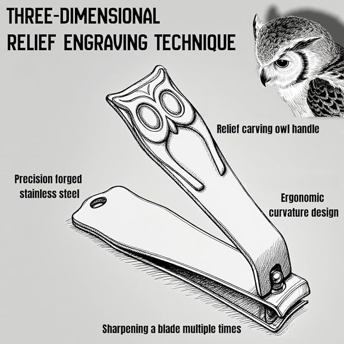 Stainless Steel Owl Toenail Clippers - Extra-Large Non-Slip Handle for Precise Trimming - Suitable for Men, Women and The Elderly - Professional-Grade Household Nail Clippers - Silver