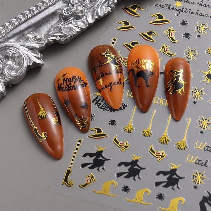 Halloween Nail Art Stickers, Ghost Nail Decals 3D Self-Adhesive Horror Ghost Skull Spider Web Bat Pumpkin Glitter Nail Design 8PCS Halloween Nail Art Supplies for Women Decoration