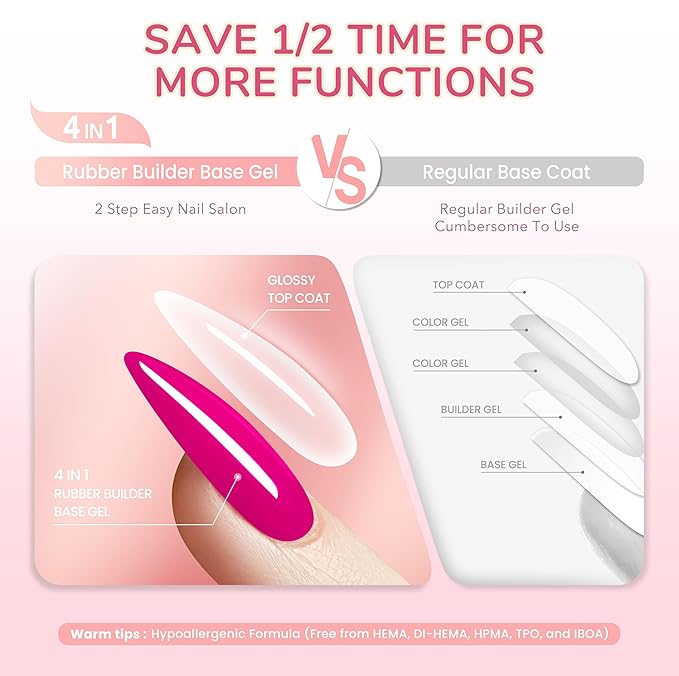 Builder Rubber Base Gel, Soak Off Glitter Building Gel Hema Free for Beginners & DIY, Shine Finish Long Lasting Skin Tones Fall Nail Polish LED UV Curing