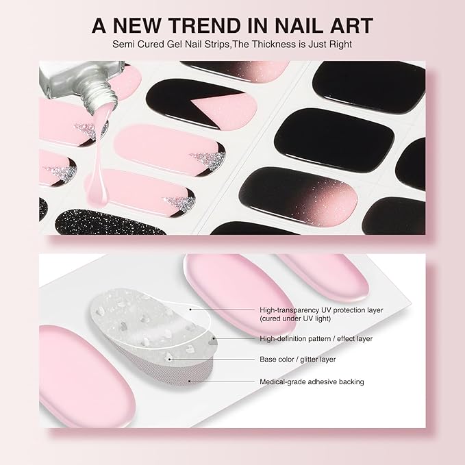 Semi Cured Gel Nail Strips - 30PCS Gel Nail Stickers for UV Light, Long-Lasting Gel Nail Wraps, Salon-Quality Semi Cured Nail Stickers, 2 Weeks Wear, Easy DIY Gel Manicure-Urban Noir