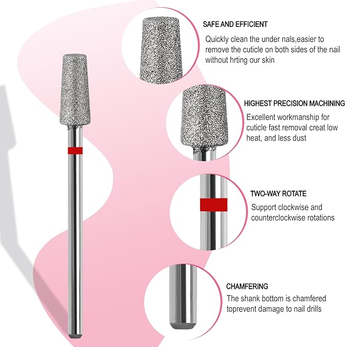 Cuticle Clean Nail Drill Bit, 3/32" Russian Diamond Nail File bits, Safety Carbide Under Nail Cleaner for Cuticle Dead Skin Nail Prepare, Nail Salon Manicure, (Trapezoidal Barrel-Fine)