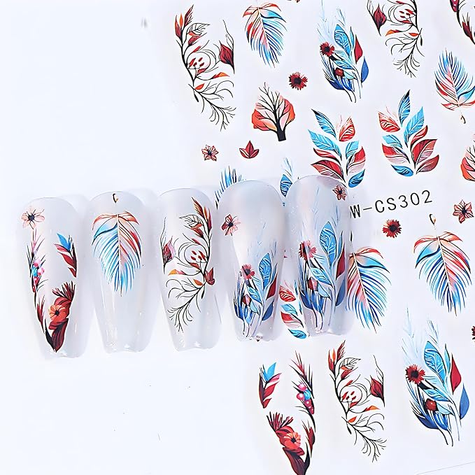 Fall Maple Leaves Nail Art Stickers for Thanksgiving, Fall Nail Art Decals 3D Self-Adhesive Leaf Flower Tree Nail Design 6Pcs Nail Art Supplies for Women Nail Decoration
