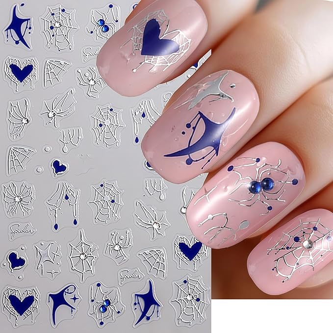 Halloween Spider Web Nail Stickers 3D Self-Adhesive Rhinestone Spider Butterfly Nail Decals Red Blue White Heart Spider Web Pattern Design Nail Sticker for Women Halloween Holiday DIY Manicure