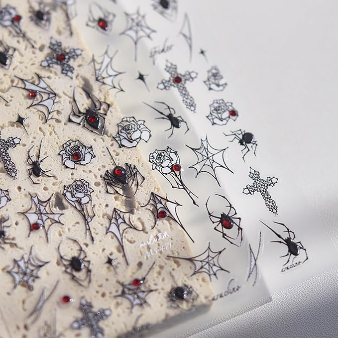 Halloween Nail Art Stickers Spider Web Spider Nail Decals 5D Crystal Diamond Nail Stickers Black Spider Web Spiders Cross Rose Nail Art Supplies Halloween Nail Accessories for Women Nails Decorations
