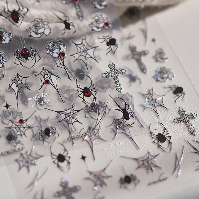 Halloween Nail Art Stickers Spider Web Spider Nail Decals 5D Crystal Diamond Nail Stickers Black Spider Web Spiders Cross Rose Nail Art Supplies Halloween Nail Accessories for Women Nails Decorations