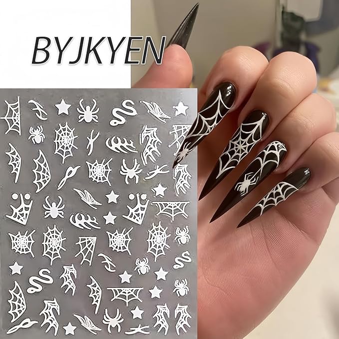 Spider Web & Snake Nail Art Stickers - Halloween Decals, Black & White, Gold & Silver, Self-Adhesive, 8Pcs