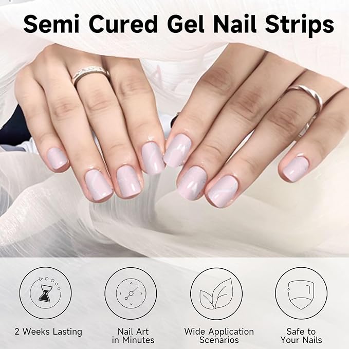 Semi Cured Gel Nail Strips, 28 pcs Gel Nail Stickers Work with Any UV Lights, Long-Lasting Nail Wraps, Stick on Nails for women Easy to Apply & Remove