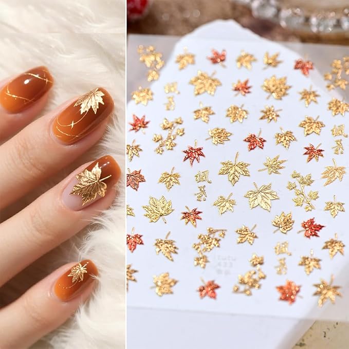 5D Embossed Fall Nails Art Stickers Autumn Maple Leaves Nail Decals Self Adhesive Glitter Gold Maple Leaf Nails Design Sticker Thanksgiving Nail Stickers for Women Manicure Decor Accessories 1PCS