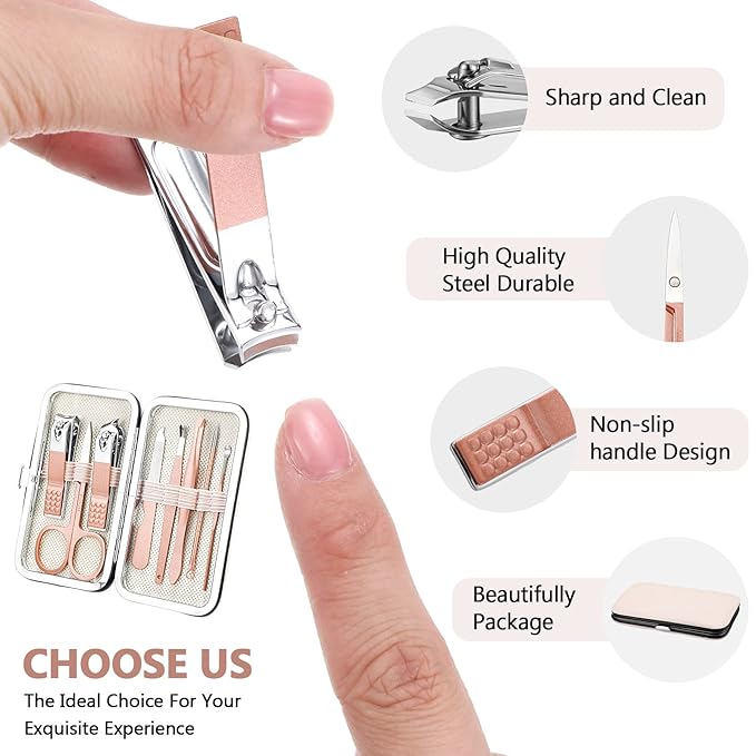 Hanaive 6 Set Manicure Set 48Pcs Nail Clippers Pedicure Kit 8 in 1 Stainless Steel Grooming Kit Professional Nail Care Tools with Luxurious Travel Case for Men Women Gift(Rose Gold)