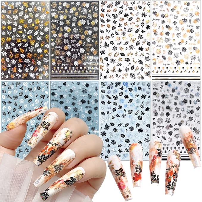 8 Sheets Fall Leaves Nail Art Stickers Gold Maple Leaf Self-Adhesive Nail Decals 3D Stickers Foil Autumn Maple Nail Designs Laser Shiny Manicure Tip Fall Nail Decorations for Thanksgiving Day Supplies