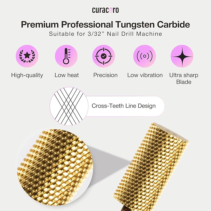 Curacoro Nail Drill Bits 3/32'' - Safe Smooth Stop Large Barrel Carbide Bit (Fine), Gently Bits for Removal & Nail Enhancement, for Nail Beds, Nail Art Pedicure Manicure Salon & Home