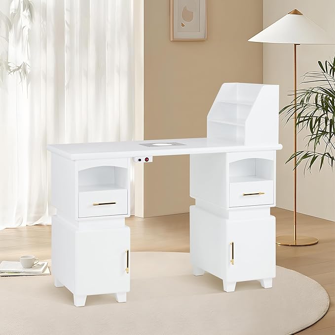 BarberPub Professional Nail Station Desk Manicure Table with Electric Dust Collector, Nail Makeup Desk with Shelves, Storage Beauty Salon Workstation with 4 Drawers Storage Cabinets VC258 (White)