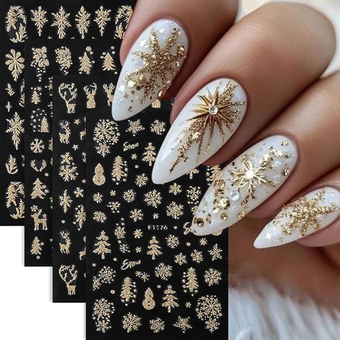 Christmas Nail Art Stickers Decals Gold Glitter Snowflake Snowy Tree Nail Decals 6PCS Snowflakes Deer Snowman Bell Leaf Christmas Nails Design Adhesive Stickers Manicure Nail Art Supplies for Women